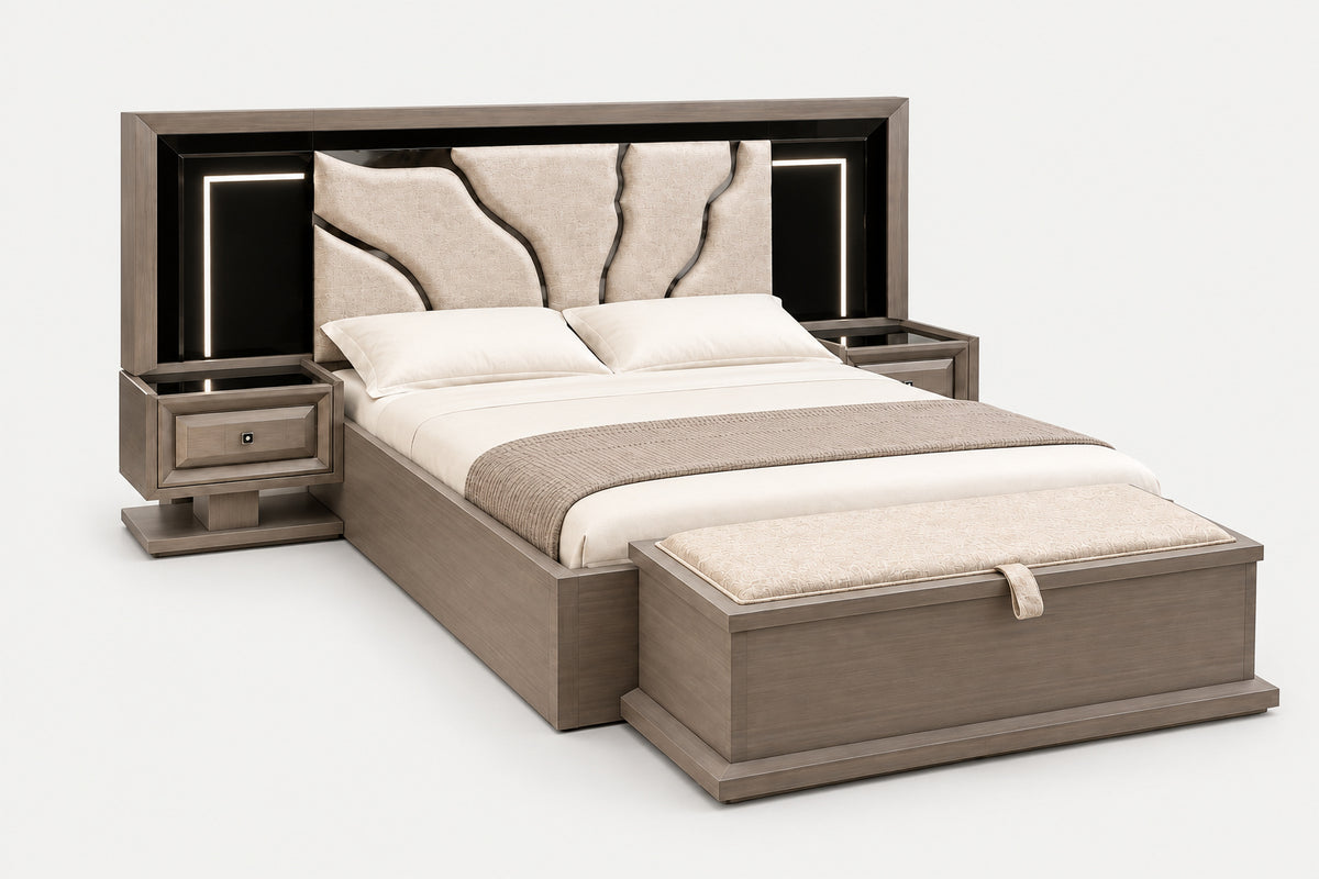 A modern platform bed with a tall upholstered headboard, side nightstands, and a matching storage bench, shown on a clean light gray background.