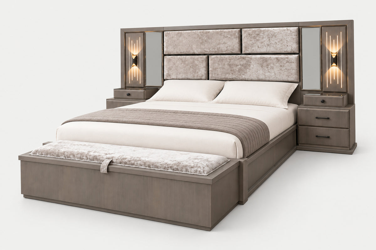 A modern platform bed with a tall upholstered headboard, matching footboard, and two nightstands with built-in wall sconces, shown on a clean light gray studio background.
