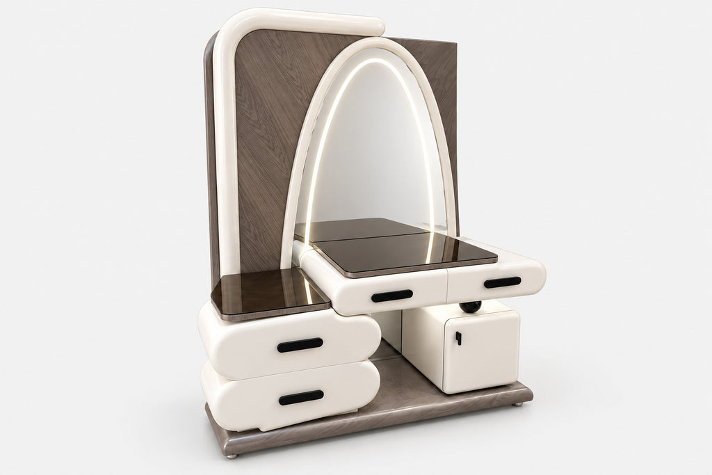 A modern vanity table with an arched mirror, drawers, and a small lockable cabinet, shown on a clean light gray background.