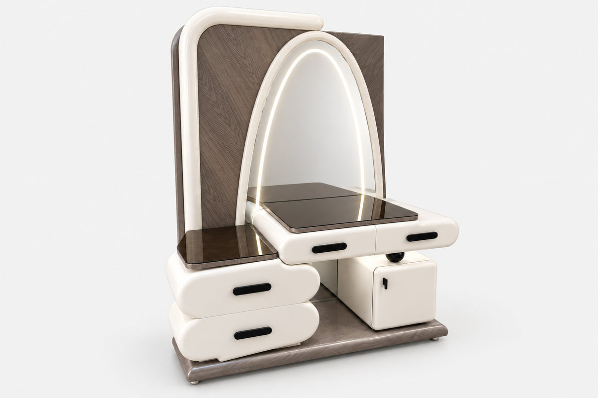 A modern vanity table with an arched mirror, drawers, and a small lockable cabinet, shown on a clean light gray background.