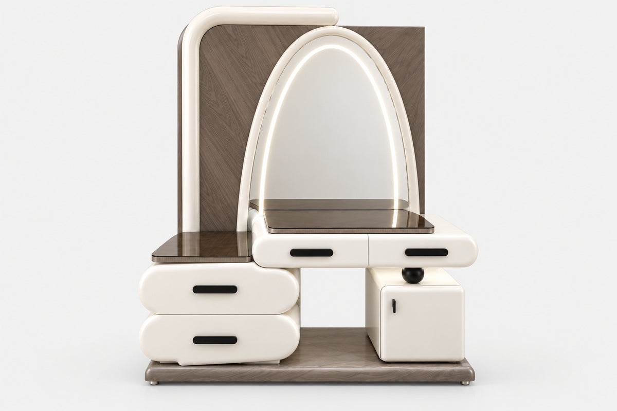 A modern vanity table with an integrated arched mirror, three drawers on the left, a small storage compartment on the right, and a dark wood-grain finish with cream-colored accents, shown on a light gray background.