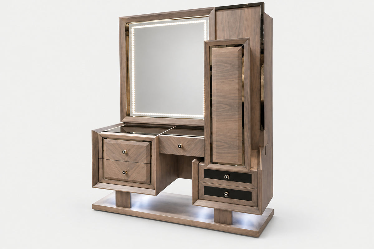 A modern wooden vanity table with an integrated mirror, illuminated LED lighting, multiple drawers, and a tall side cabinet, shown on a light gray background.
