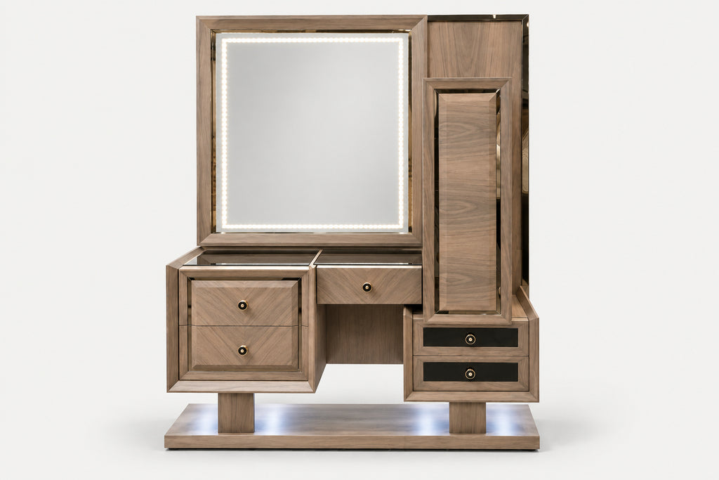 A modern wooden vanity table with an illuminated LED mirror, multiple drawers, and a side cabinet, shown on a clean white background.