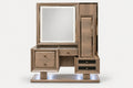 A modern wooden vanity table with an illuminated LED mirror, multiple drawers, and a side cabinet, shown on a clean white background.