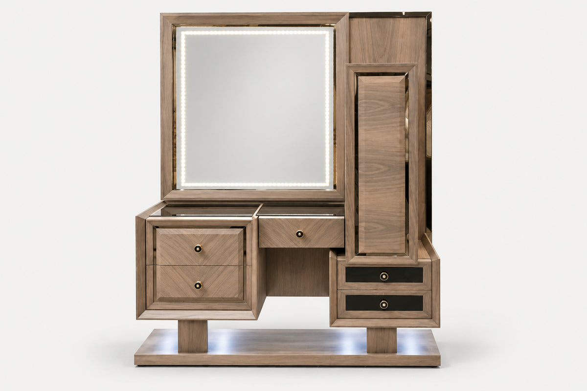 A modern wooden vanity table with an illuminated LED mirror, multiple drawers, and a side cabinet, shown on a clean white background.