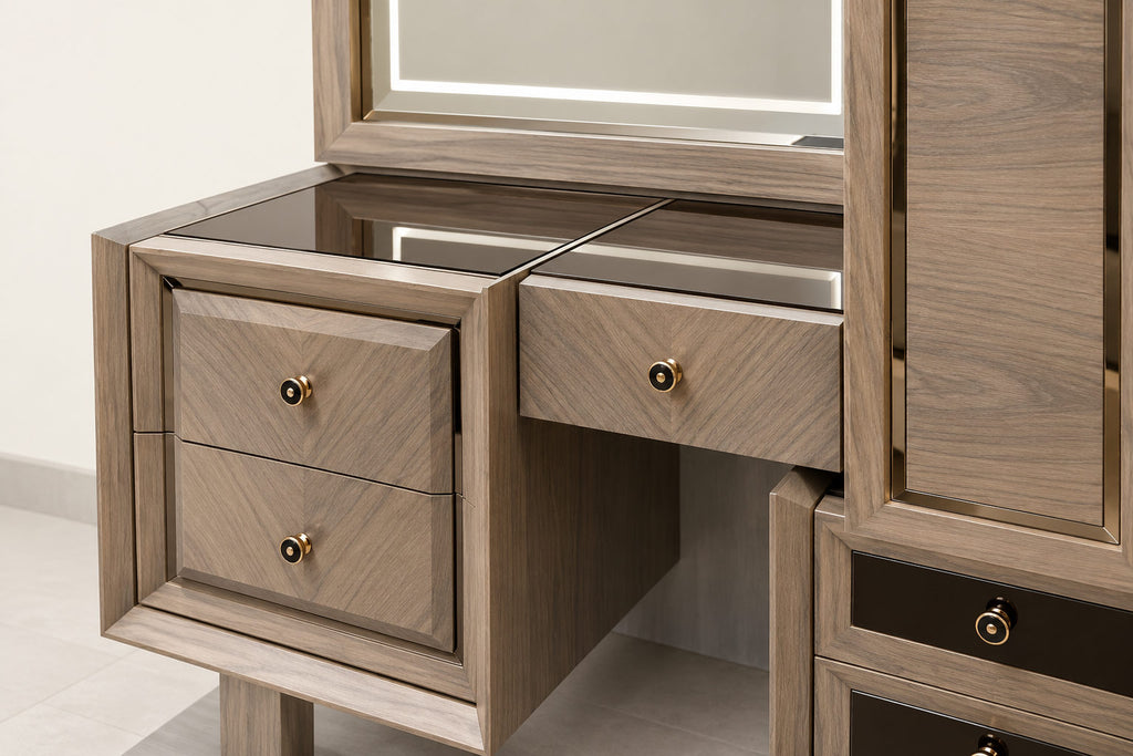 A close-up of a wooden vanity desk with an open mirror frame, drawers, and a glass top, shown in a clean interior setting.