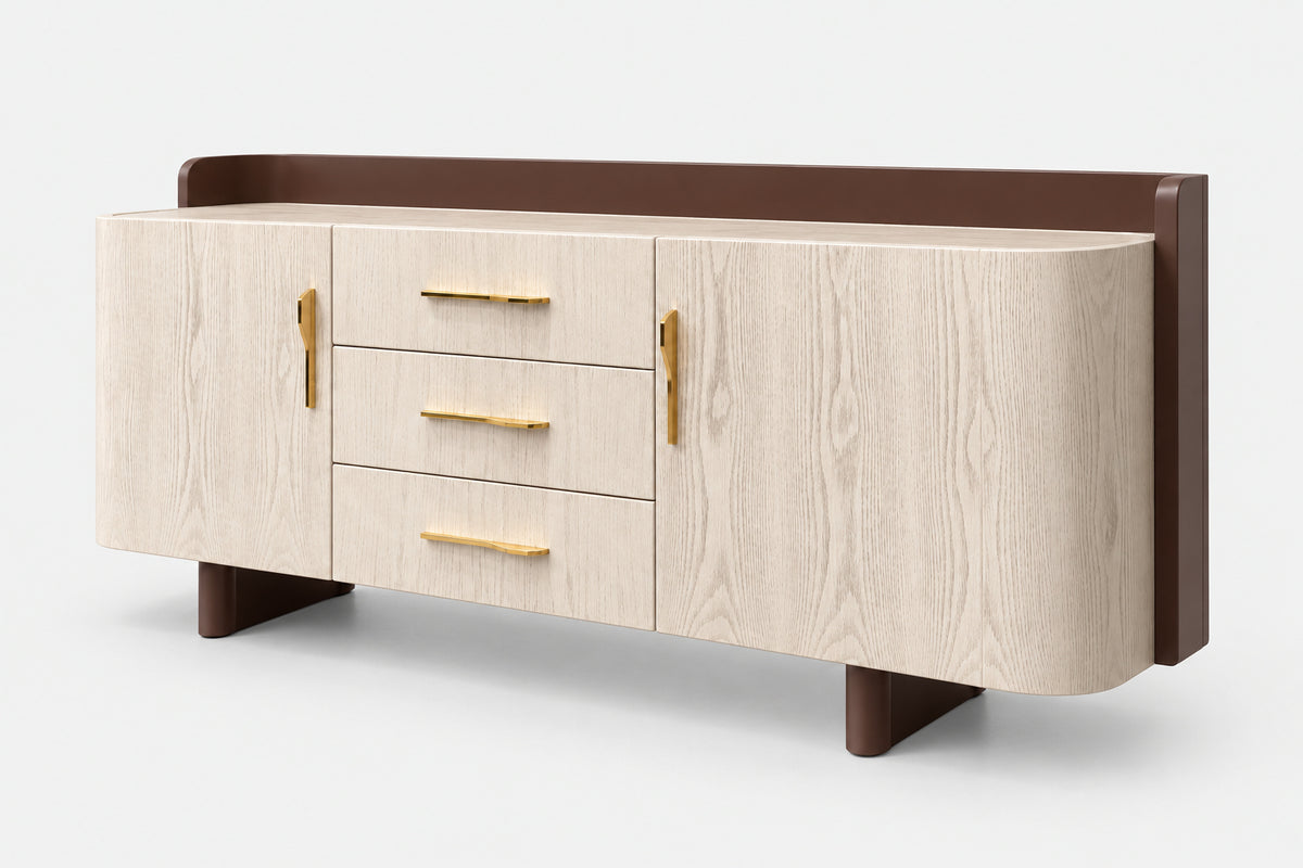 A modern sideboard cabinet with a light beige wood grain finish, three drawers with gold handles, a dark brown top panel, and dark brown legs, shown on a light gray background.