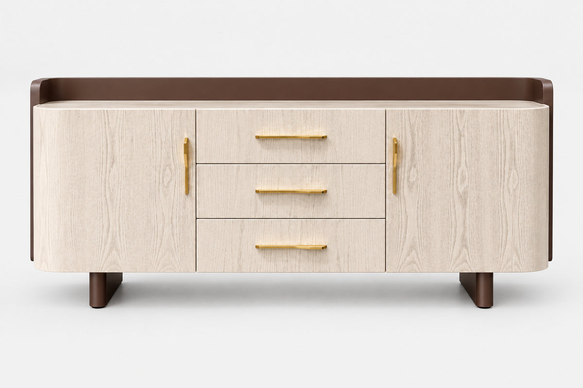 A modern sideboard cabinet with a light beige wood grain finish, three central drawers with gold handles, dark brown side panels and legs, and gold accent pulls, shown on a light gray background.