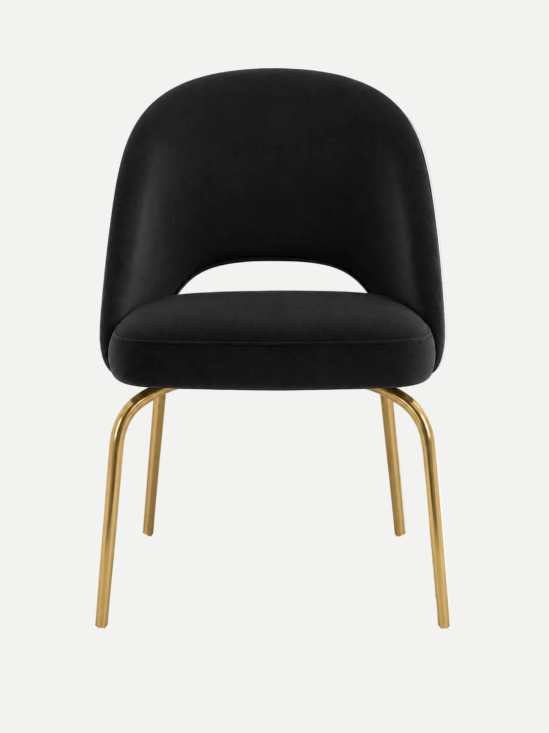 A modern accent chair with a black velvet upholstered seat and curved backrest, supported by slim gold-finished metal legs, shown against a plain white background.
