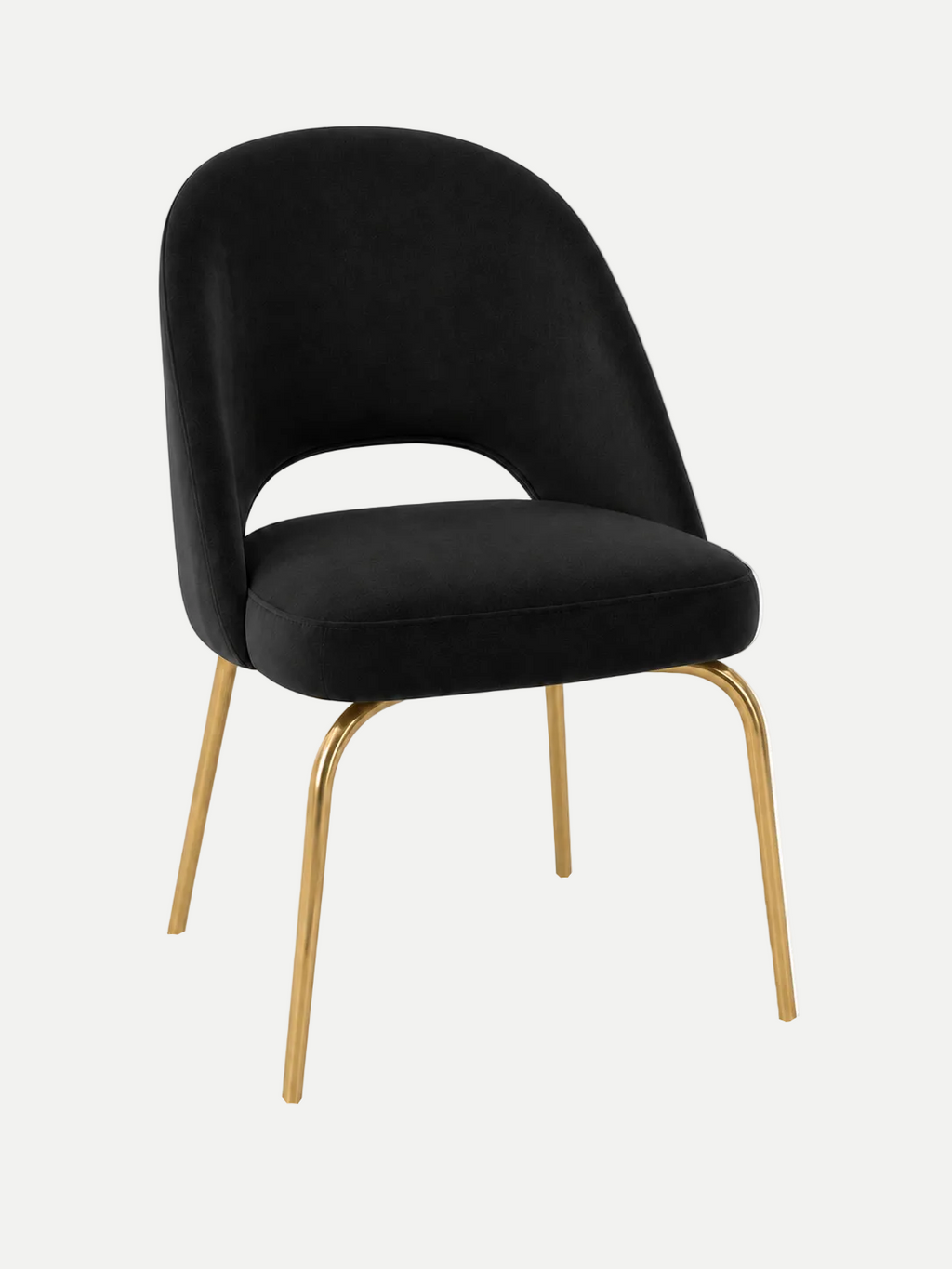 A modern dining chair with a black velvet upholstered seat and curved backrest, supported by slim gold metal legs, shown against a plain white background.