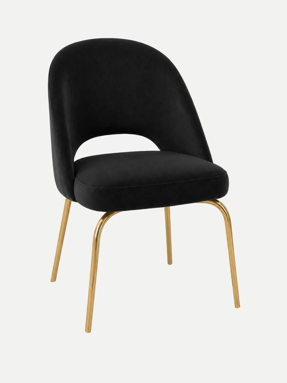 A modern dining chair with a black velvet upholstered seat and curved backrest, supported by slim gold metal legs, shown against a plain white background.