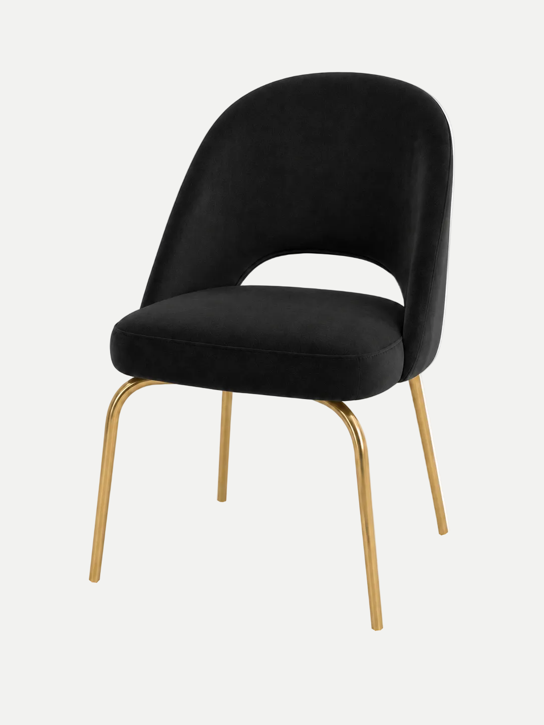 A modern dining chair with a black velvet upholstered seat and curved backrest, supported by slim gold metal legs, shown against a plain white background.