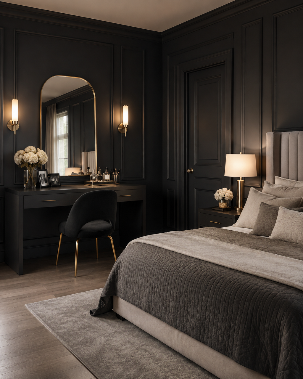 A luxury bedroom interior featuring dark wood paneled walls, a matching dark vanity desk with an arched mirror and black chair, a neatly made bed with gray and beige bedding, bedside tables with lit lamps, and a gray rug on a light wood floor.