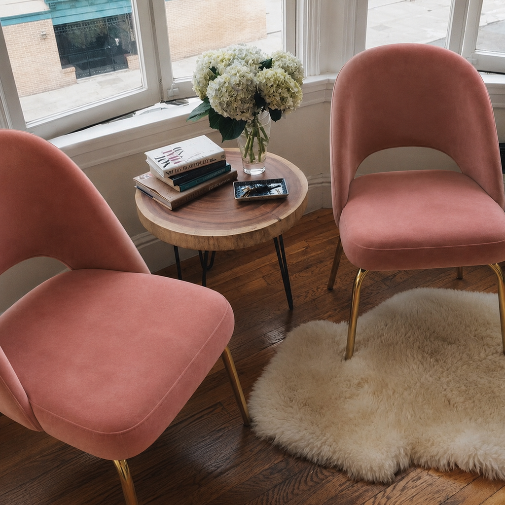 Two blush pink velvet armchairs with gold legs in a bright room, with a small round wood table in between them holding books and a vase of flowers.