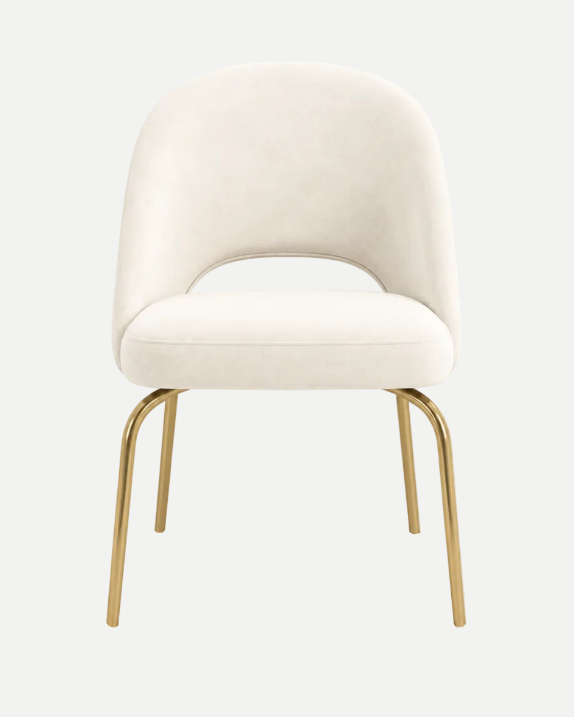 A modern accent chair with a Off-white colored velvet upholstered seat and curved backrest, supported by slim gold metal legs, shown against a plain white background.