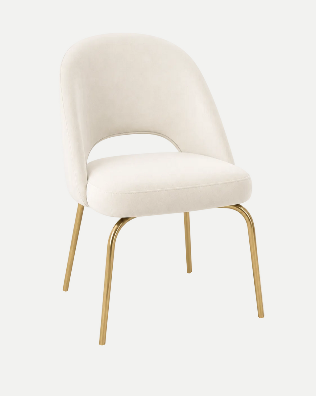 An upholstered dining chair with a curved off-white fabric seat and back, supported by slim gold metal legs, shown on a clean white background.