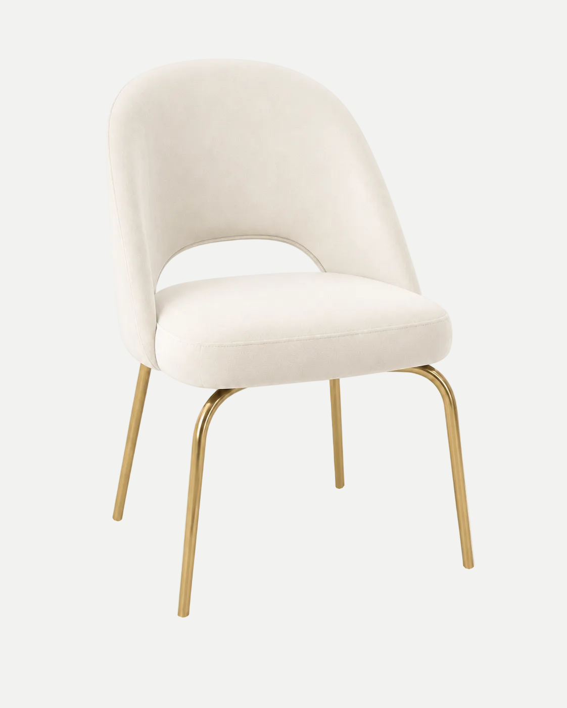 An upholstered dining chair with a curved off-white fabric seat and back, supported by slim gold metal legs, shown on a clean white background.