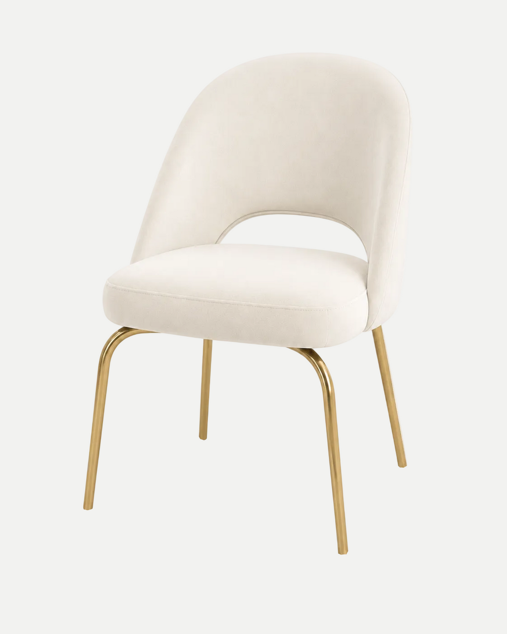 An elegant dining chair with a curved off-white colored upholstered seat and backrest, supported by slim gold-finished metal legs, shown against a plain white background.