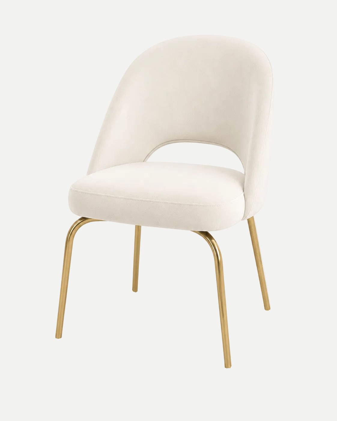 An elegant dining chair with a curved off-white colored upholstered seat and backrest, supported by slim gold-finished metal legs, shown against a plain white background.