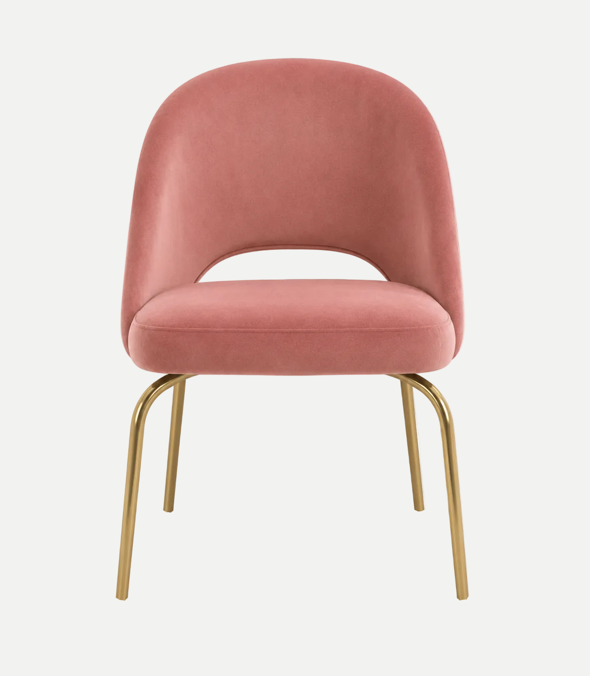 A modern accent chair with a rose pink velvet upholstered seat and curved backrest, supported by slim gold-finished metal legs, shown against a plain white background.