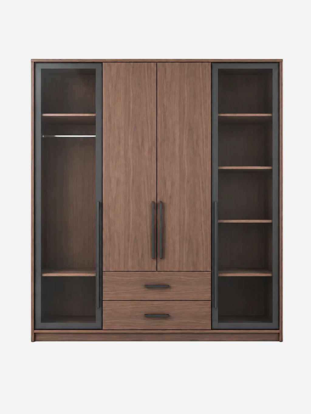 A modern three-door wardrobe cabinet with a medium brown wood grain finish, featuring two central doors with long dark handles, two lower drawers, and two side cabinets with glass doors and open shelving.