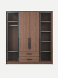 A modern three-door wardrobe cabinet with a medium brown wood grain finish, featuring two central doors with long dark handles, two lower drawers, and two side cabinets with glass doors and open shelving.
