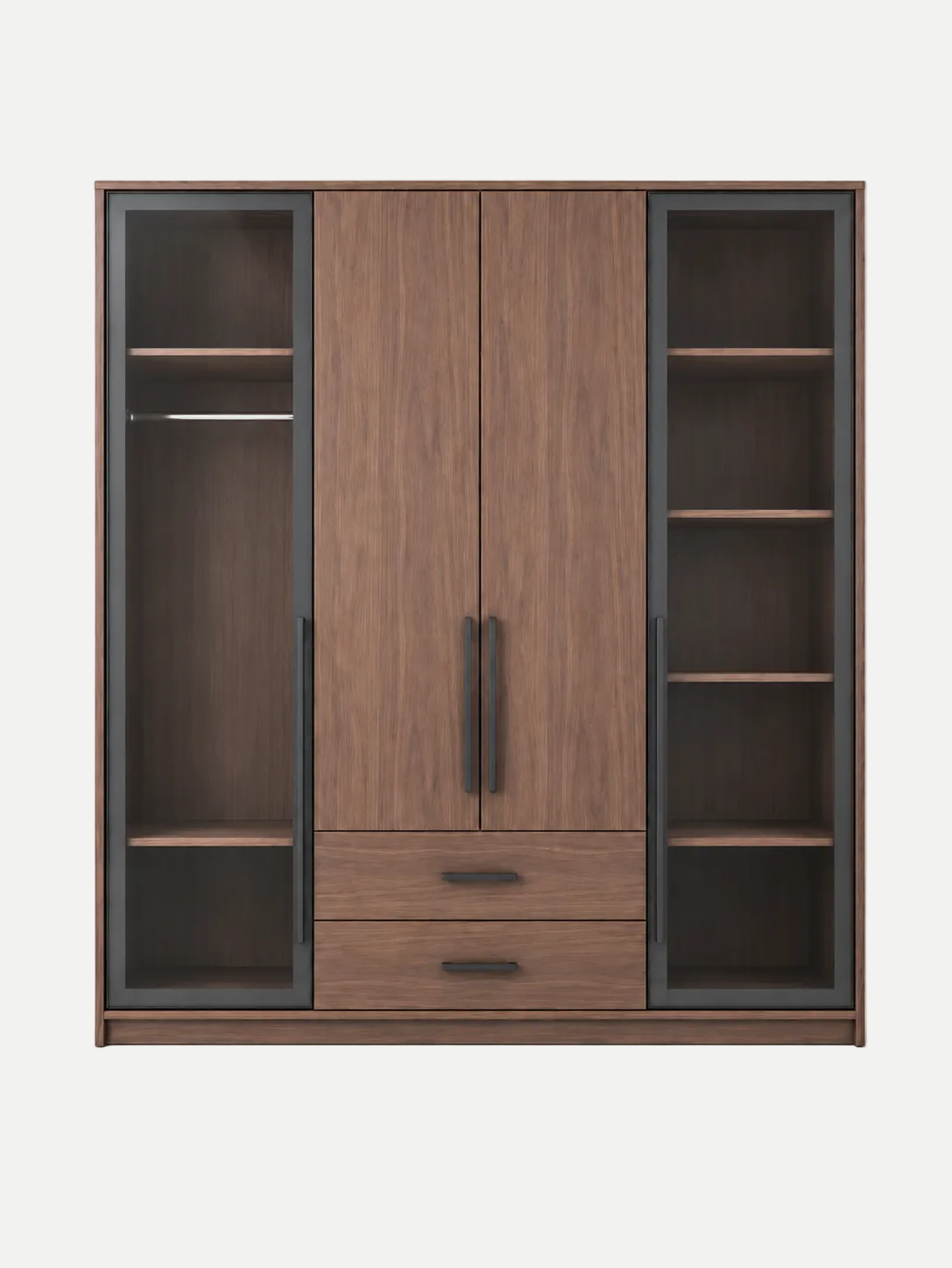 A modern three-door wardrobe cabinet with a medium brown wood grain finish, featuring two central doors with long dark handles, two lower drawers, and two side cabinets with glass doors and open shelving.