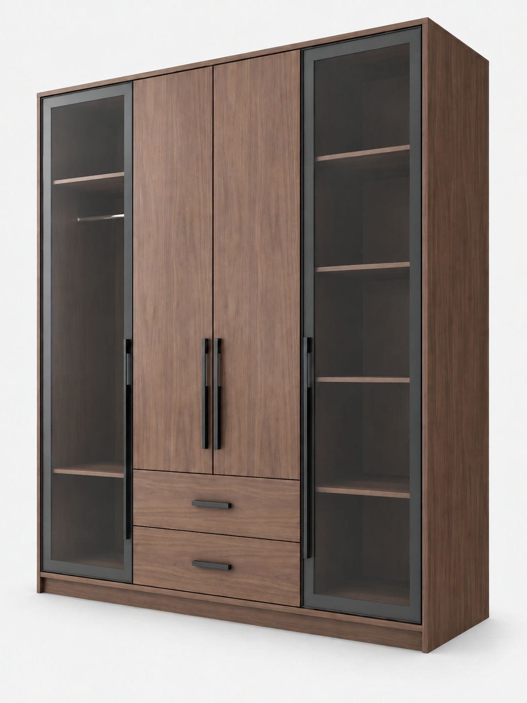 A modern three-door wardrobe with a medium brown wood grain finish, featuring two central doors with black vertical handles, two lower drawers with black handles, and two side glass doors with dark gray frames and black handles.