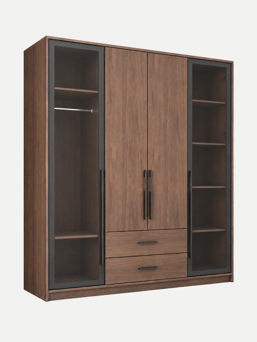 A modern three-door wardrobe with a medium brown wood grain finish, featuring two central doors with black vertical handles, two drawers at the bottom, and two side glass doors with dark gray frames and open shelving.