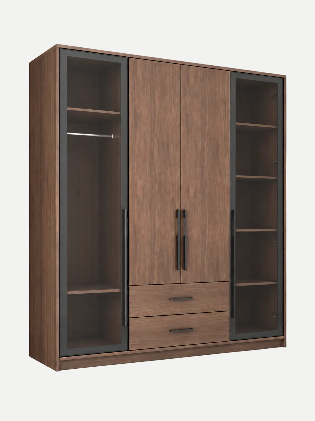 A modern three-door wardrobe with a medium brown wood grain finish, featuring two central doors with black vertical handles, two drawers at the bottom, and two side glass doors with dark gray frames and open shelving.