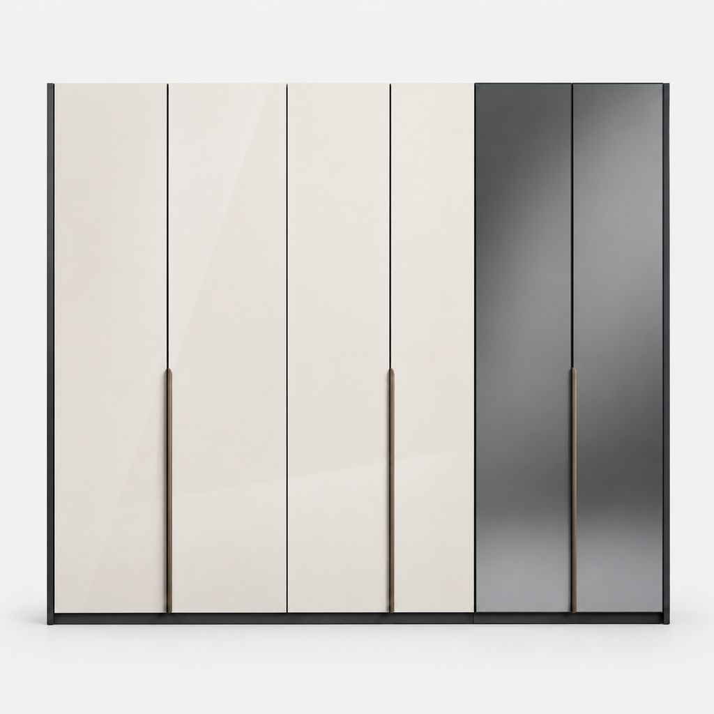 A modern six-door wardrobe or closet with glossy cream and dark gray doors, featuring slim vertical metallic handles, shown against a plain light gray background.