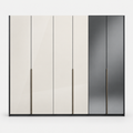 A modern six-door wardrobe or closet with glossy cream and dark gray doors, featuring slim vertical metallic handles, shown against a plain light gray background.