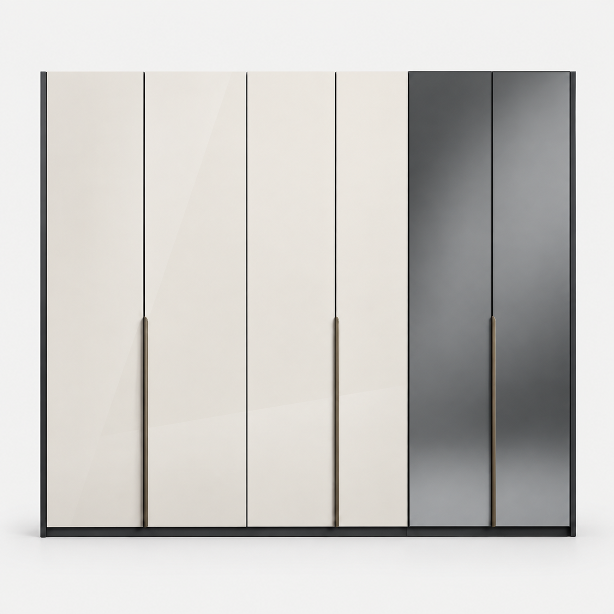 A modern six-door wardrobe or closet with glossy cream and dark gray doors, featuring slim vertical metallic handles, shown against a plain light gray background.