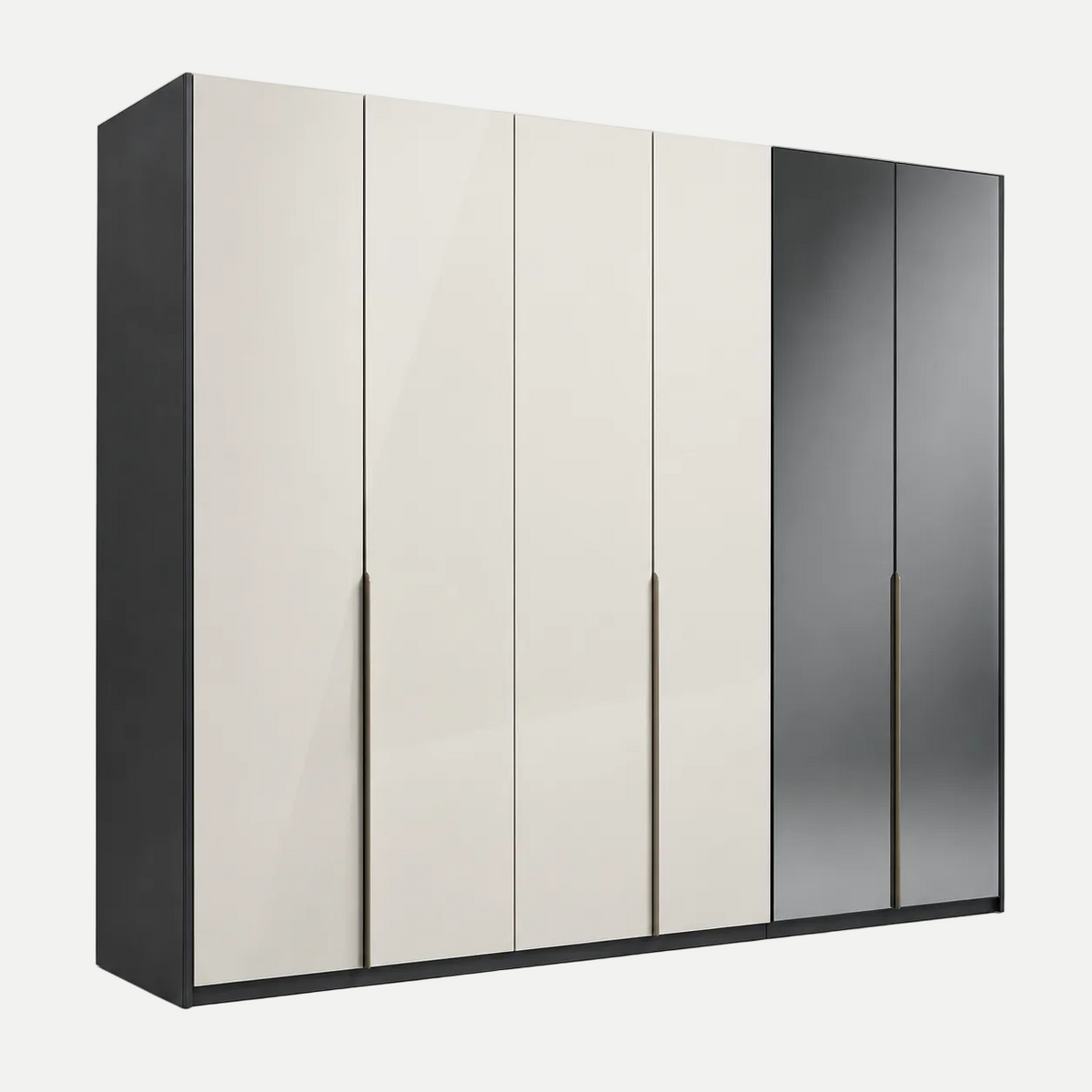 A modern six-door wardrobe or closet with glossy cream, off-white, and dark gray doors, featuring slim vertical handles and a black side frame, shown on a light gray background.