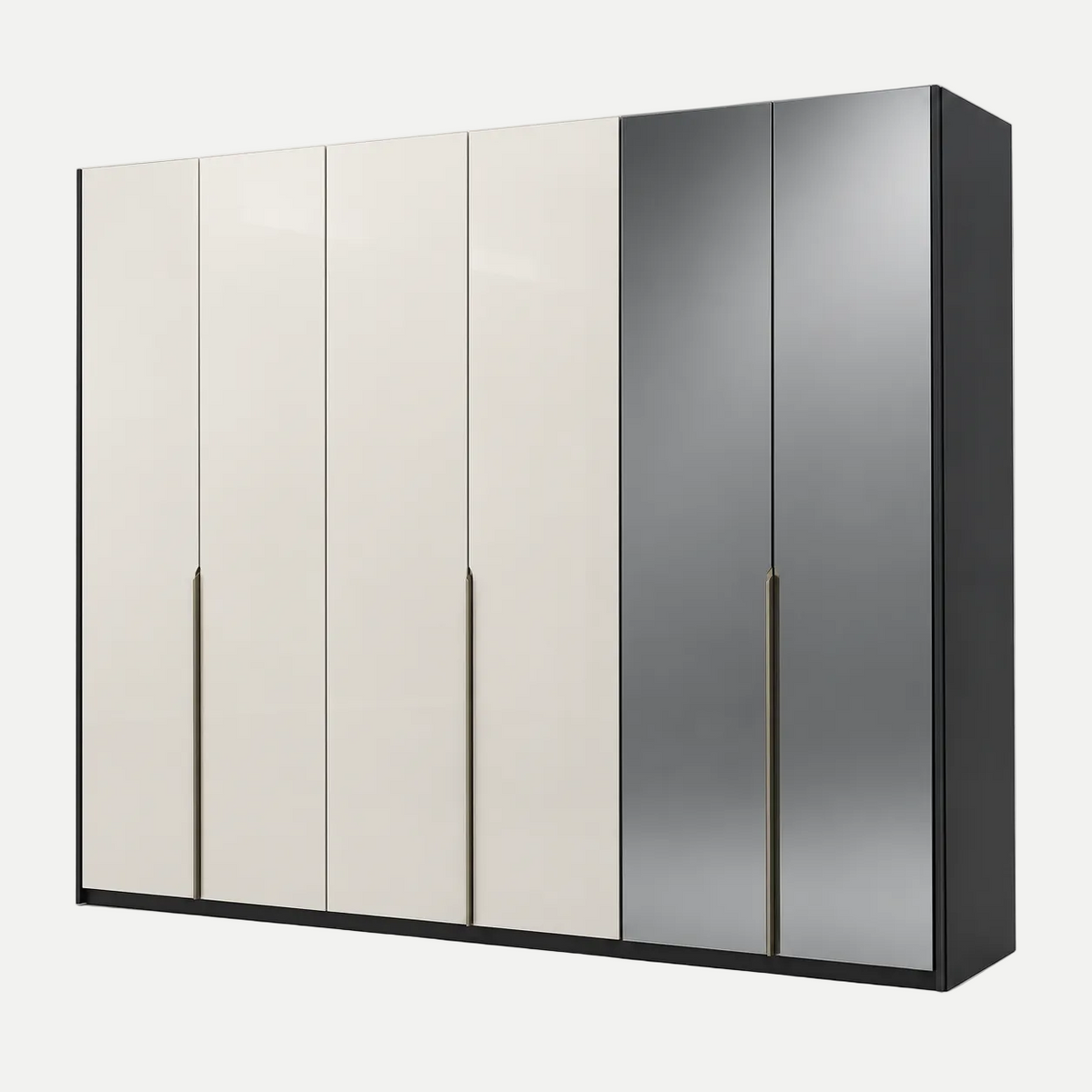 A modern six-door wardrobe or closet with a mix of glossy cream, matte black, and brushed silver doors, featuring slim vertical gold-toned handles.