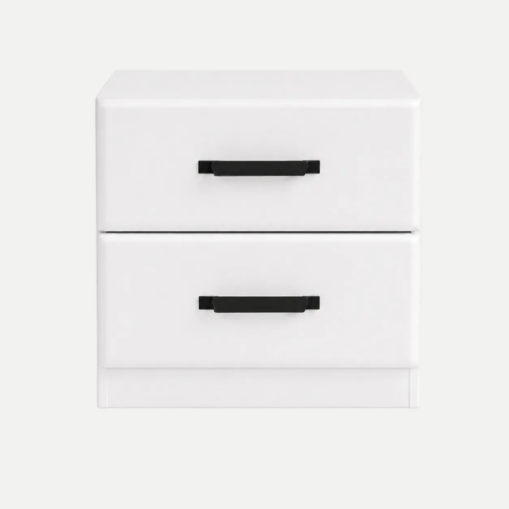 A modern two-drawer nightstand or storage cabinet in white with matte black horizontal drawer handles, shown against a light gray background.