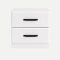 A modern two-drawer nightstand or storage cabinet in white with matte black horizontal drawer handles, shown against a light gray background.