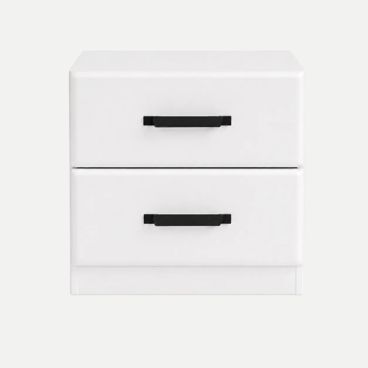 A modern two-drawer nightstand or storage cabinet in white with matte black horizontal drawer handles, shown against a light gray background.