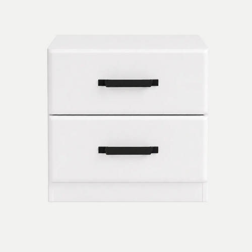 A modern two-drawer nightstand or storage cabinet in white with matte black horizontal drawer handles, shown against a light gray background.