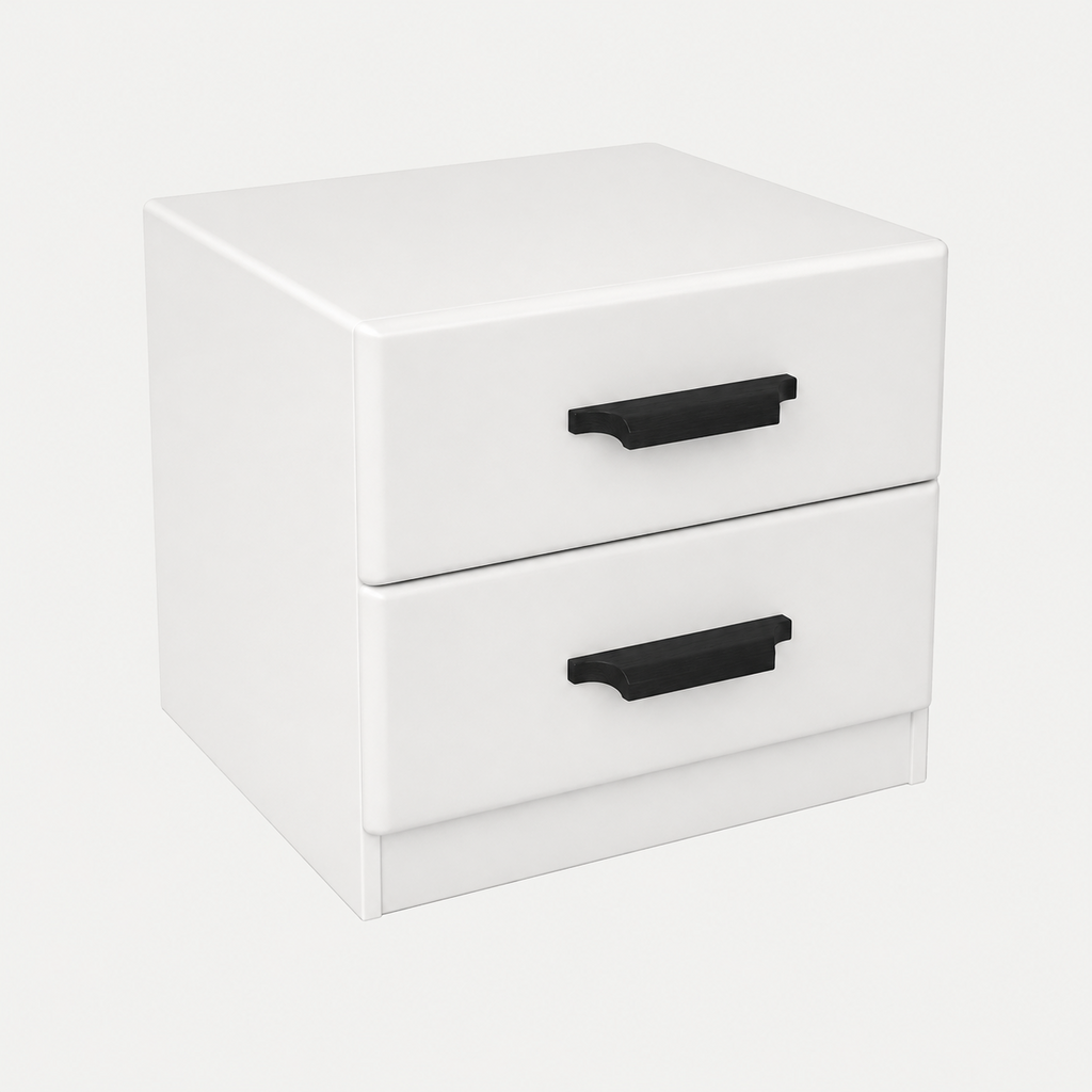 A modern two-drawer nightstand or storage cabinet in glossy white with matte black rectangular drawer pulls, shown on a clean light gray background.