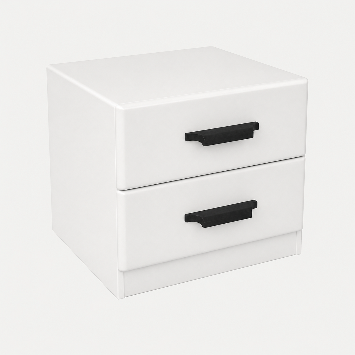A modern two-drawer nightstand or storage cabinet in glossy white with matte black rectangular drawer pulls, shown on a clean light gray background.