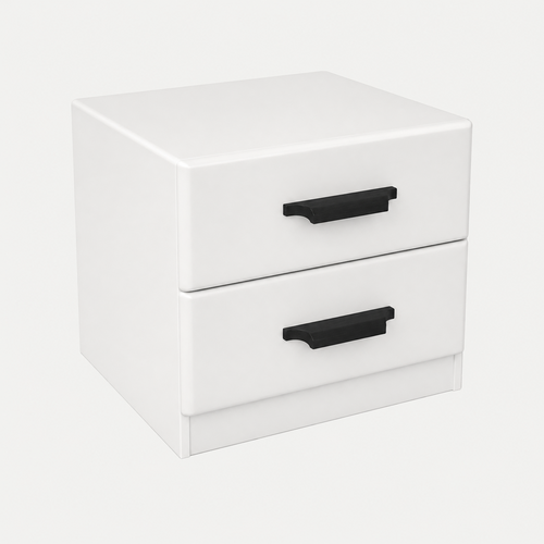 A modern two-drawer nightstand or storage cabinet in glossy white with matte black rectangular drawer pulls, shown on a clean light gray background.