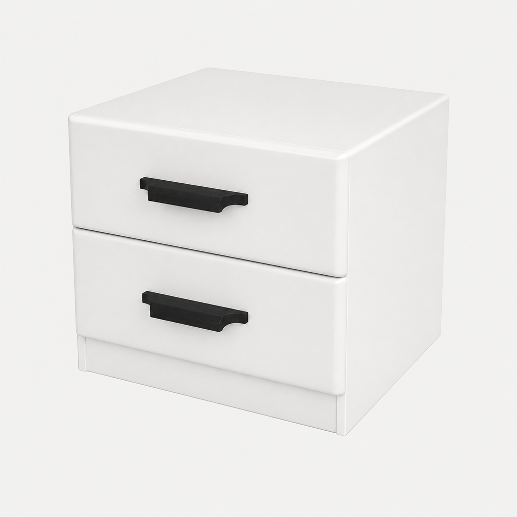 A modern two-drawer nightstand or storage cabinet in white with matte black horizontal pull handles, shown on a clean light gray background.