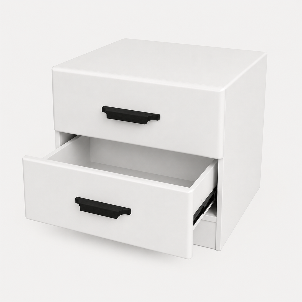 A white two-drawer nightstand or storage cabinet with black drawer pulls, shown on a clean white background with the bottom drawer partially open.