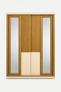 A modern beech wooden wardrobe or closet door featuring a warm medium-brown wood grain finish, with two large vertical mirror panels on the sides and two smaller cream-colored lower doors at the bottom.