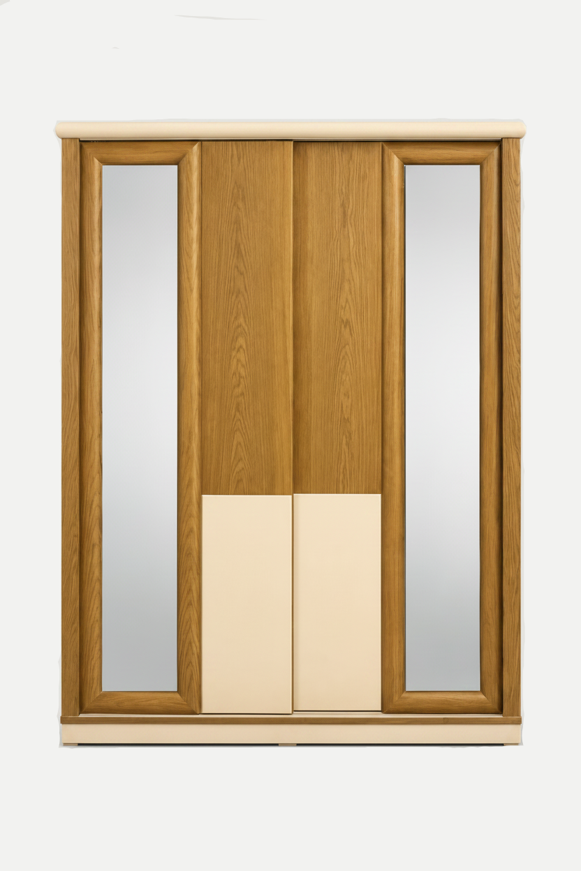 A modern beech wooden wardrobe or closet door featuring a warm medium-brown wood grain finish, with two large vertical mirror panels on the sides and two smaller cream-colored lower doors at the bottom.