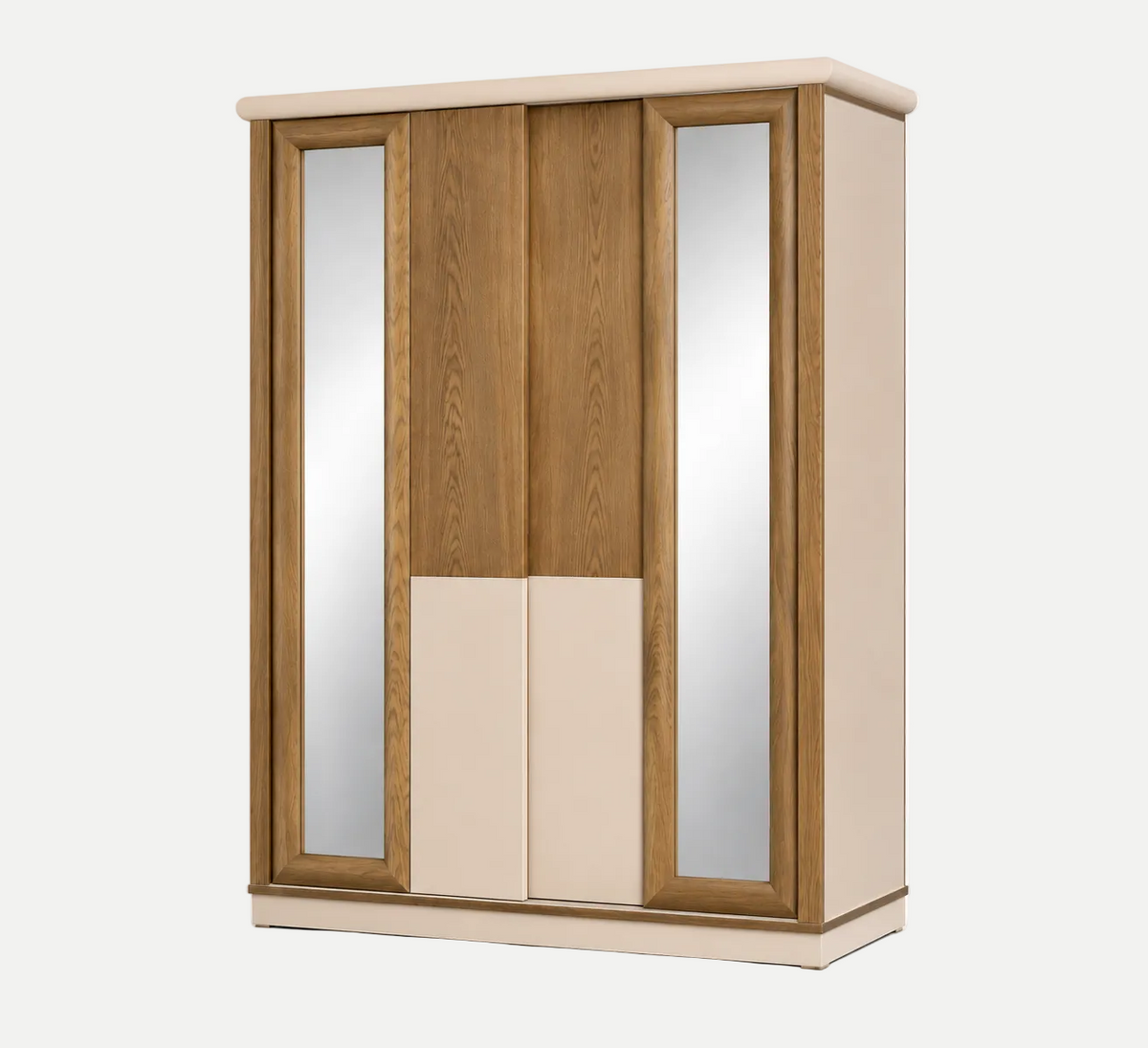 A modern three-door wardrobe featuring natural oak wood grain doors with two vertical mirror panels on the outer doors and two solid beige doors on the inner doors, set against a plain white background.