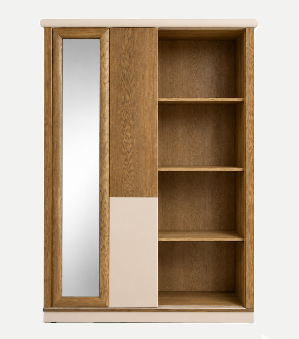 A tall wooden wardrobe or bookcase with a warm oak finish, featuring a mirrored door, a solid wood door panel, open shelving, and cream-colored trim and base.