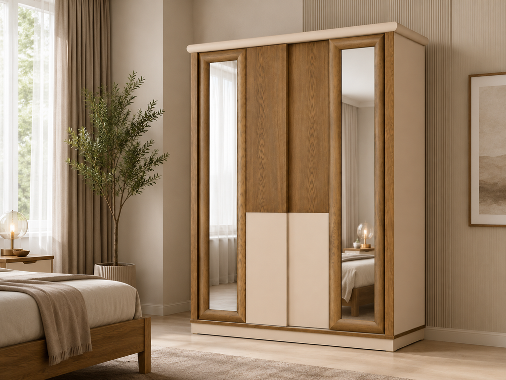 A modern three-door wardrobe with light oak wood frames and cream-colored lower panels, set in a styled bedroom next to a bed and a potted plant.
