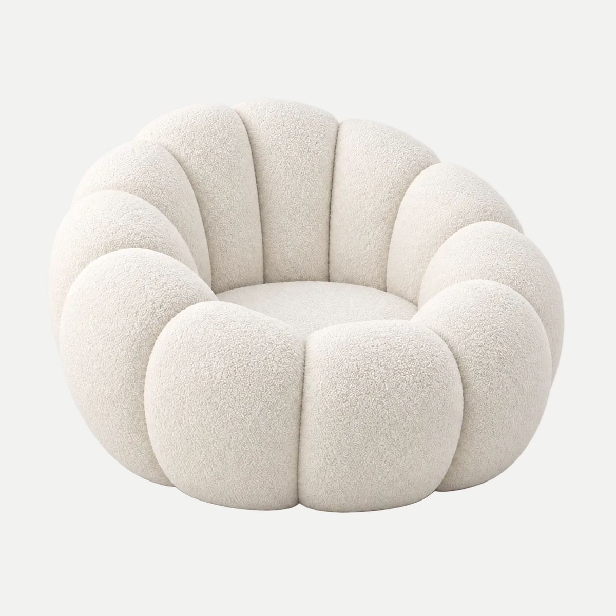A modern, low-profile accent chair with a unique segmented, flower-like design upholstered in a soft, textured cream bouclé fabric, set against a seamless light gray background.